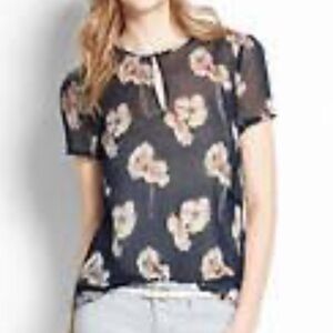Ann Taylor Sheer Black Floral Short Sleeve Blouse